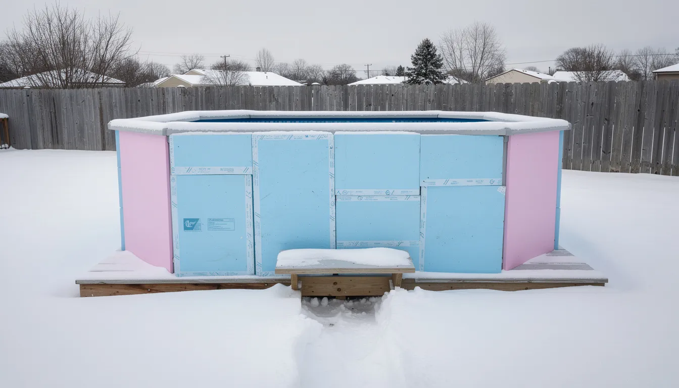 The image depicts a cold plunge tub surrounded by a snowy backyard, featuring rigid foam insulation panels attached to its exterior walls. This setup is ideal for cold water immersion, providing benefits such as improved recovery and heart health during winter.