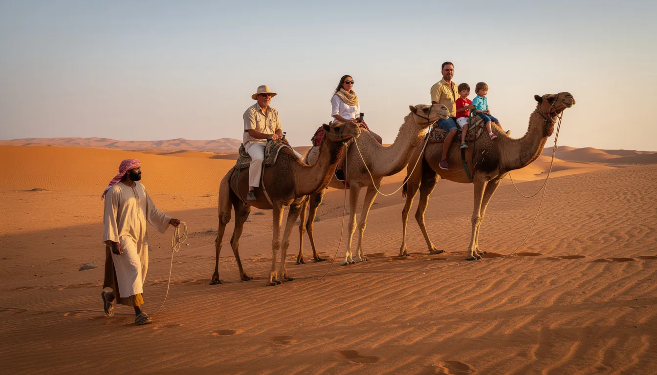 A family rides camels through the vast Sahara Desert, guided by a local expert, as they traverse the stunning sand dunes under a clear blue sky. This memorable camel ride is part of their Morocco Sahara tour, offering a unique glimpse into the breathtaking desert landscape.