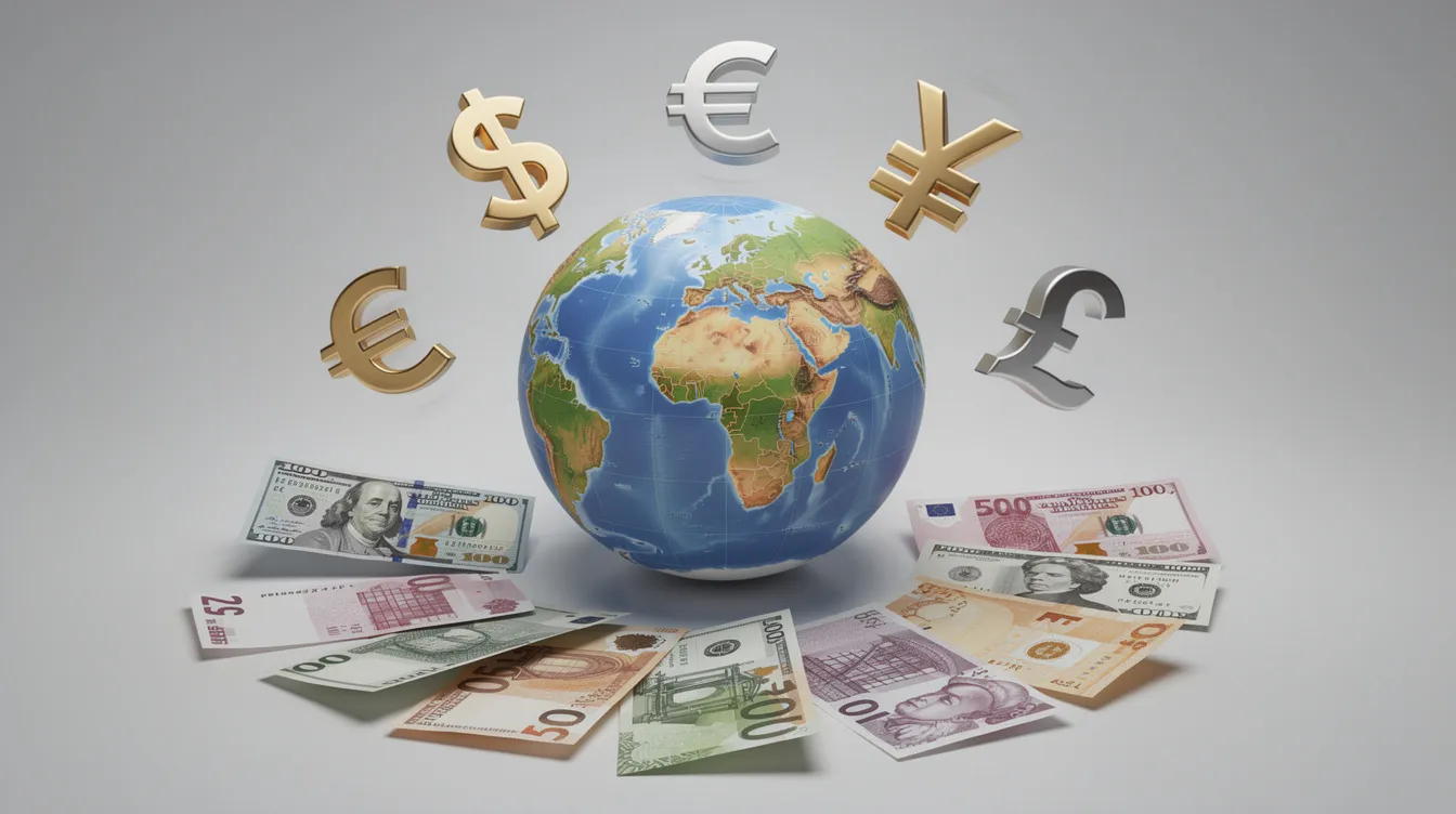 The image features a globe surrounded by various currency symbols and banknotes, set against a neutral background, symbolizing the diverse online payment methods available for businesses. This visual representation highlights the importance of accepting payments online, including options like Google Pay and Apple Pay, for facilitating global transactions in an online store.