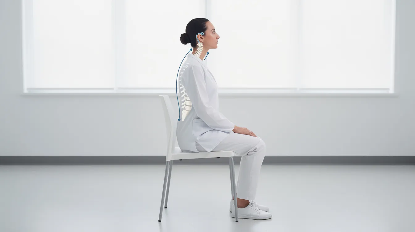 A person is sitting upright, demonstrating a chin tuck exercise with a neutral spine alignment, which helps to alleviate neck and shoulder pain. This exercise aims to strengthen postural muscles and improve posture, reducing muscle tension and discomfort in the neck and upper back.