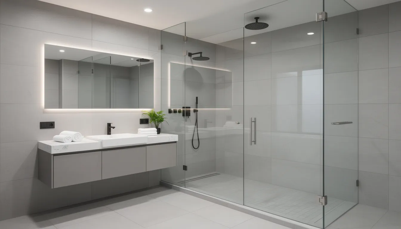 This image showcases a modern bathroom featuring a luxurious walk-in shower with a rainfall showerhead and a sleek glass enclosure, emphasizing clean lines and an open design. The space is designed for enhanced accessibility, making it a stylish yet functional choice for Calgary homeowners looking to renovate their bathrooms.