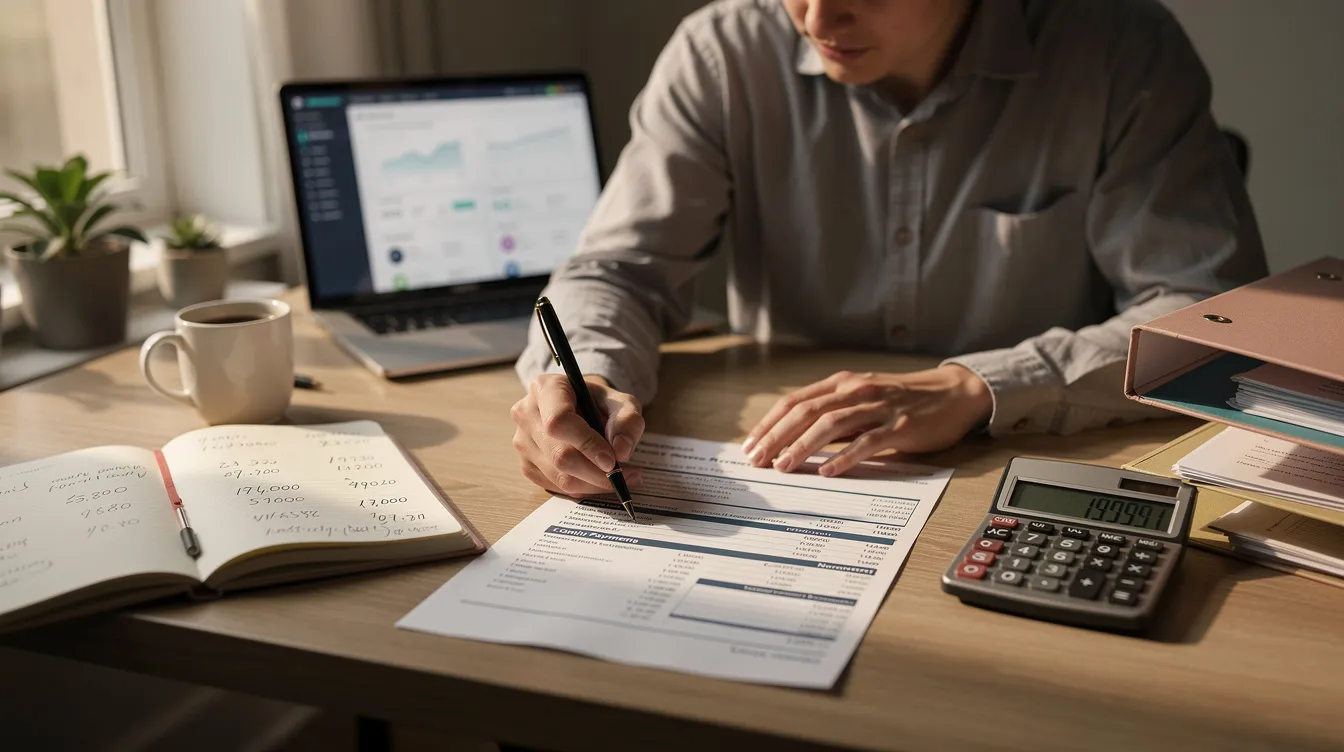 3475566f 8923 4ec1 b38d 8da95f67b2b2 The image depicts a person meticulously reviewing loan statements and calculating expenses on a desk, emphasizing the importance of a satisfactory credit track record for securing financial assistance like mudra loans. This careful analysis is essential for small and micro enterprises seeking to understand their financial obligations and plan for future business growth.