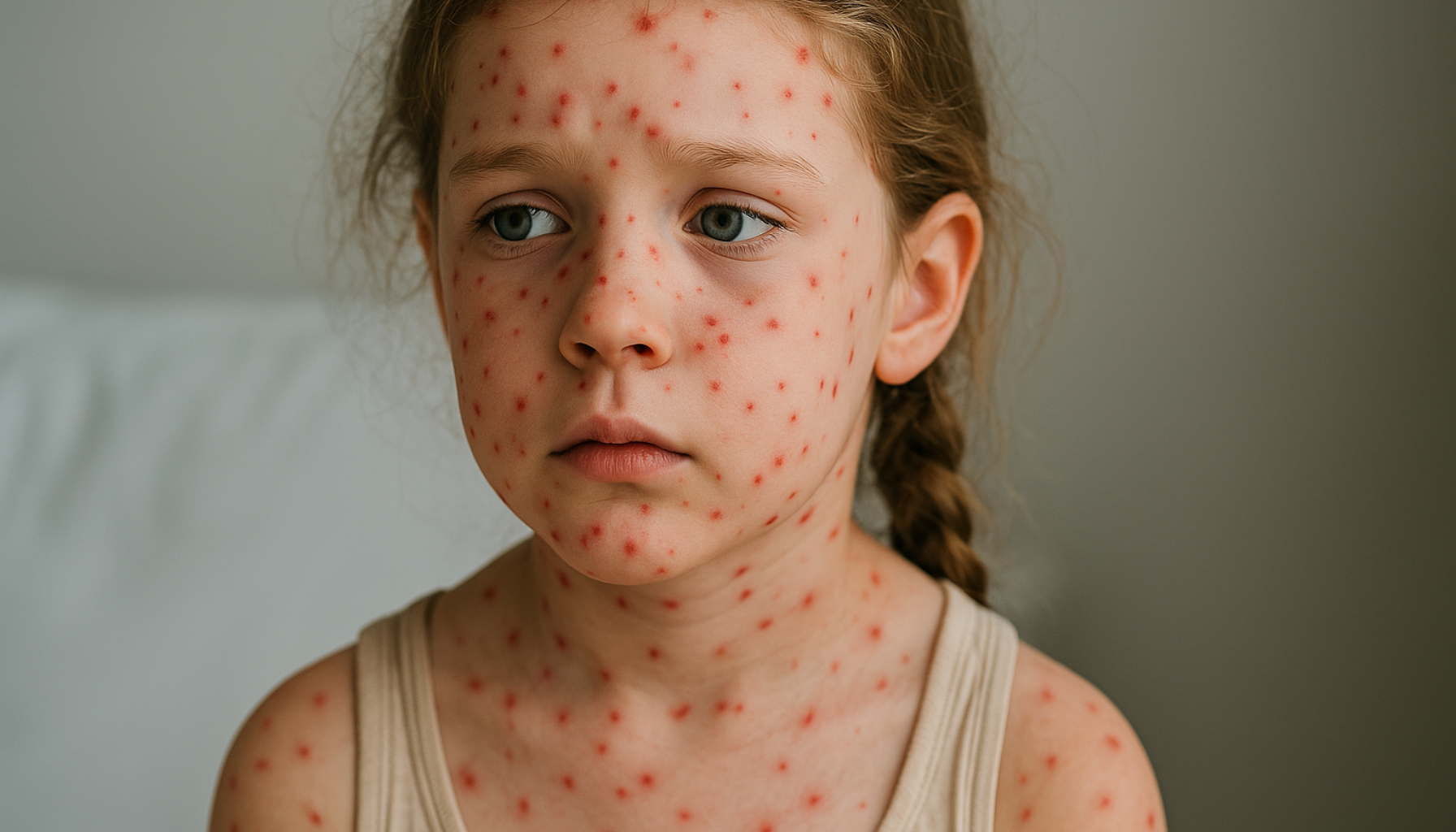 Ung jente med vannkopper, tydelig utslett i ansikt og på kropp, sitter stille og ser tankefull ut i nøytralt rom.