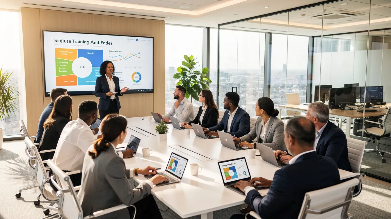 A diverse group of professionals engages in a collaborative training session within a bright, modern conference room, focusing on leadership development and effective training strategies to enhance employee performance and meet business objectives. The atmosphere reflects a commitment to continuous learning and skill acquisition, vital for organizational effectiveness and sustainable growth.