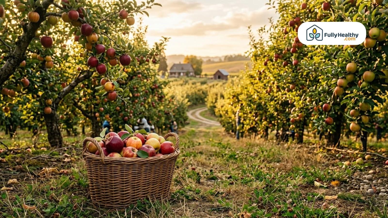 Apple orchard at sunset with basket of freshly harvested apples