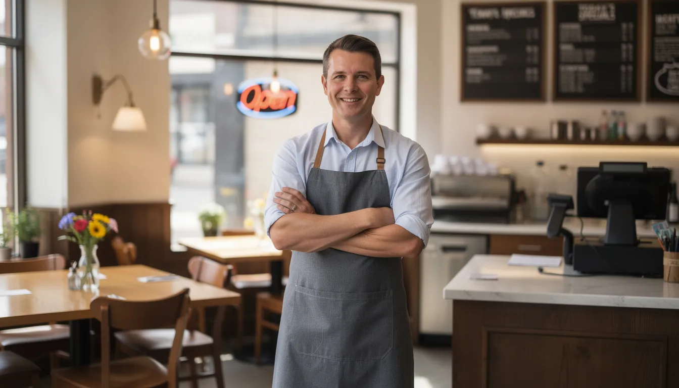 A confident small restaurant owner stands proudly in their establishment after successfully secring a merchant cash advance from enhance business operations in the country. The owner, showcasing a positive experience, reflects the important matter of financial support in managing and growing their business affiliations.