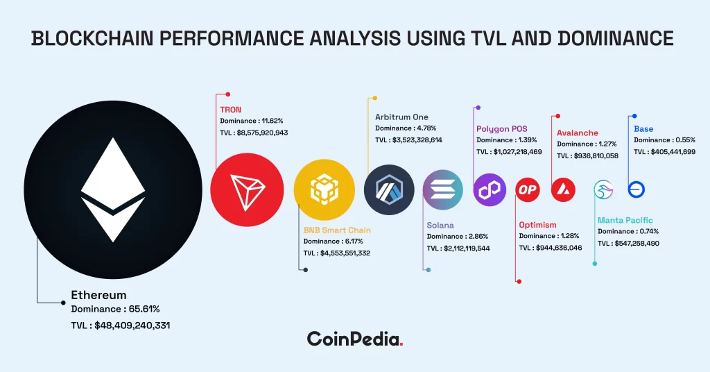 Illustration showing different types of blockchain networks using TVL and dominance. 