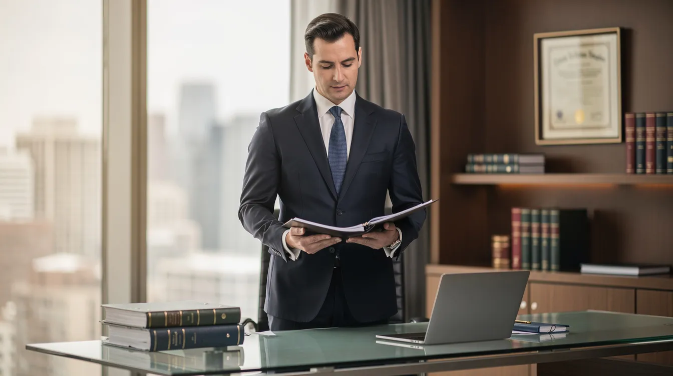 The image depicts a confident attorney in a professional office setting, diligently reviewing files related to immigration law and the E2 visa application process. The attorney appears focused and knowledgeable, embodying the expertise needed to guide foreign nationals through the complexities of obtaining an investor visa and ensuring their business remains operational.