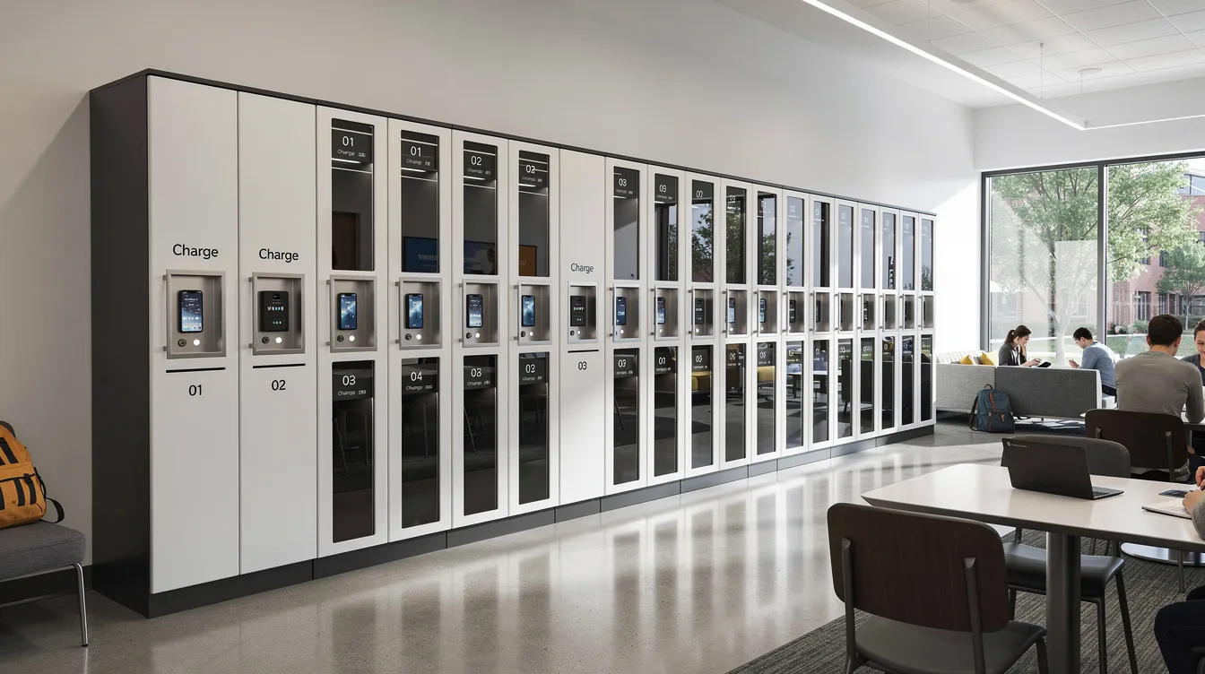 The image shows a row of sleek smart lockers installed along a wall in a modern university common area, designed for secure storage and self-service access for students' mobile devices and personal belongings. These intelligent lockers enhance operational efficiency and provide a convenient solution for package delivery and retrieval in high traffic areas.