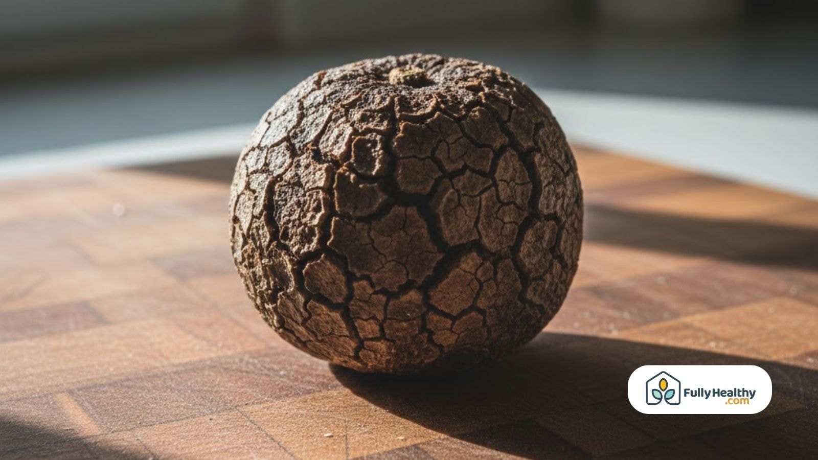 Completely dried and cracked spoiled orange on wooden cutting board