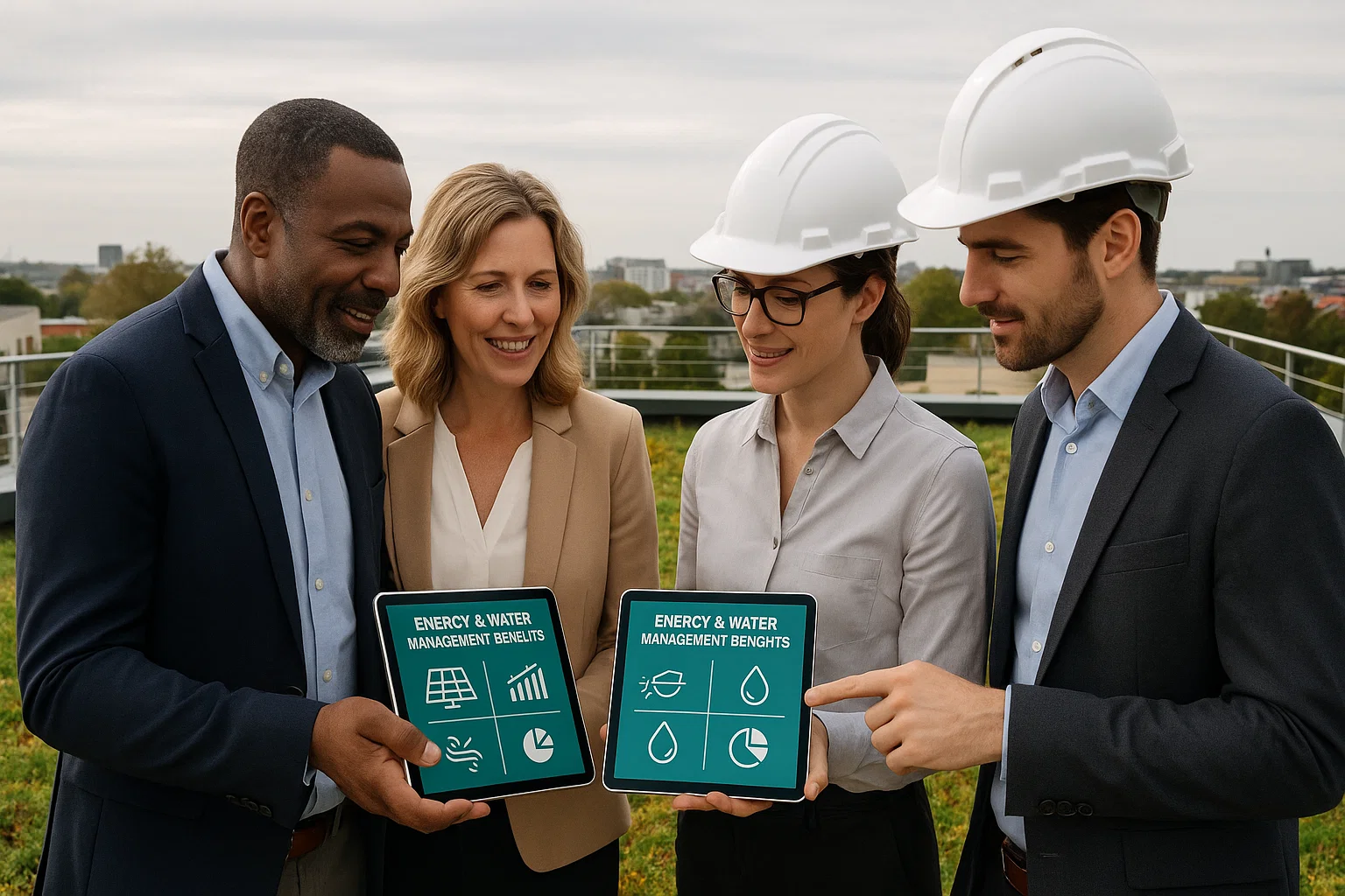 Group of business professionals discussing roofing benefits on a green commercial rooftop.