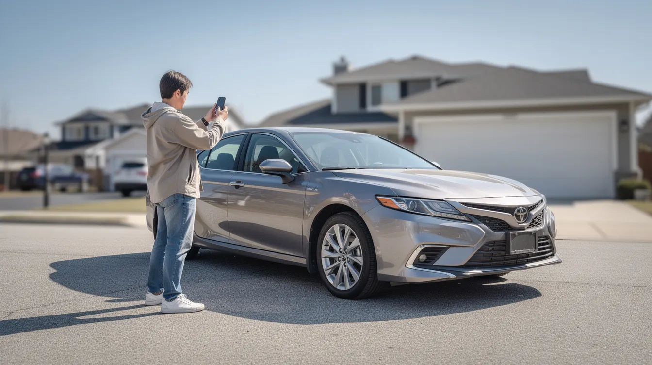 A person is taking a photograph of their car parked in a driveway, preparing for vehicle pickup by a car shipping company. The image captures the moment before the vehicle is transported, showcasing the importance of documenting the car's condition for auto transport services.