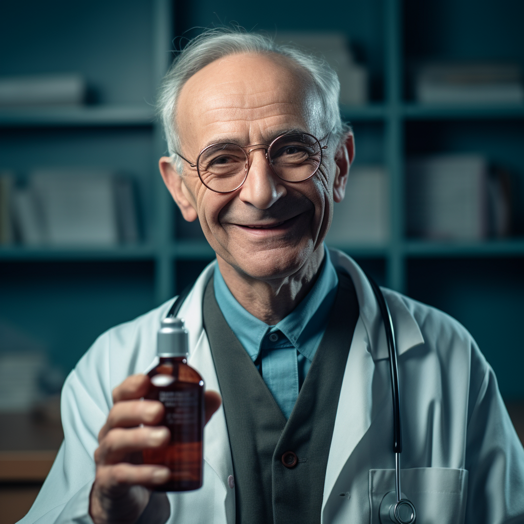 An old, trustworthy doctor, offering a bottle of medicine