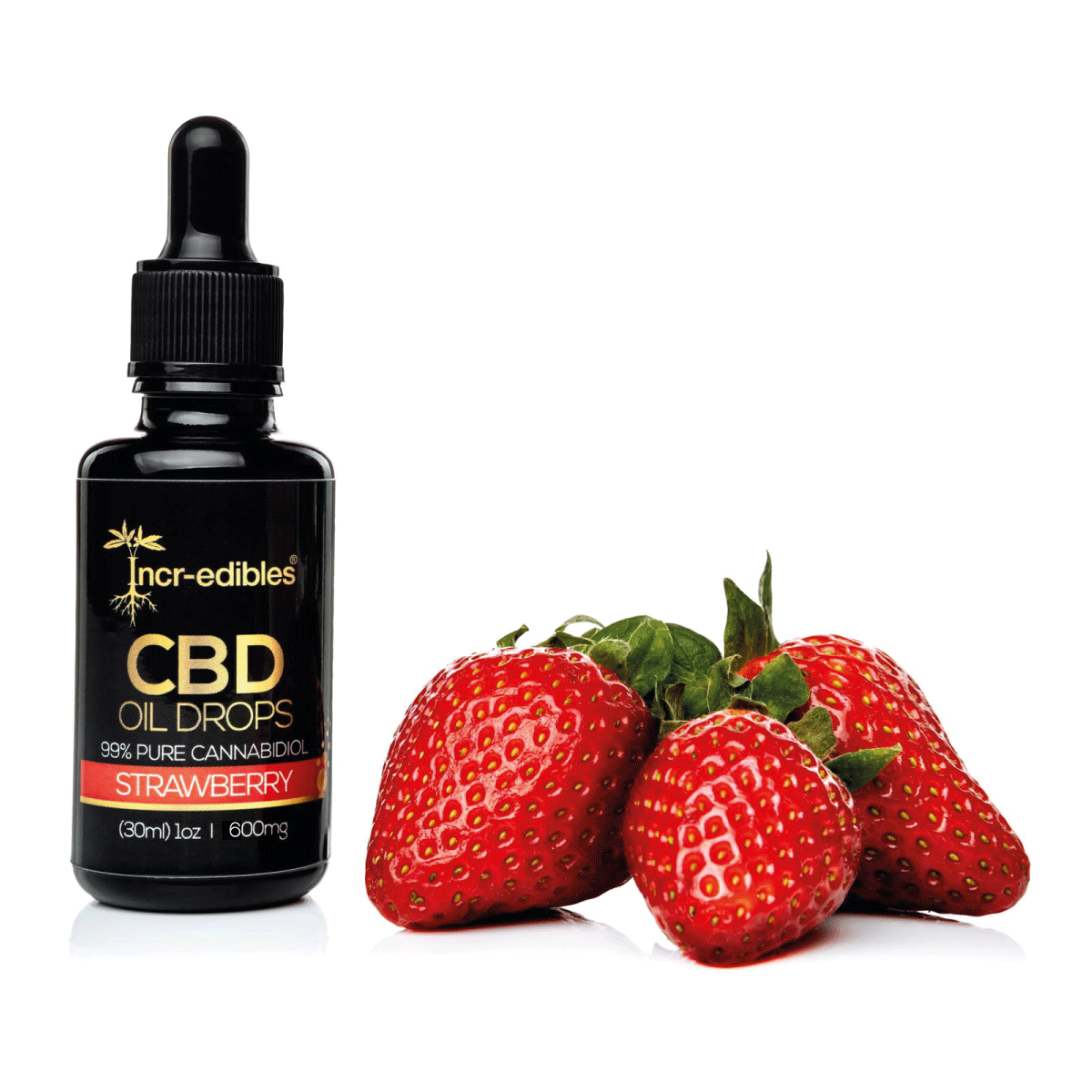 1 x 30ml Bottle of Strawberry Flavoured CBD by Incr-edibles pictured with 3 large juicy strawberries