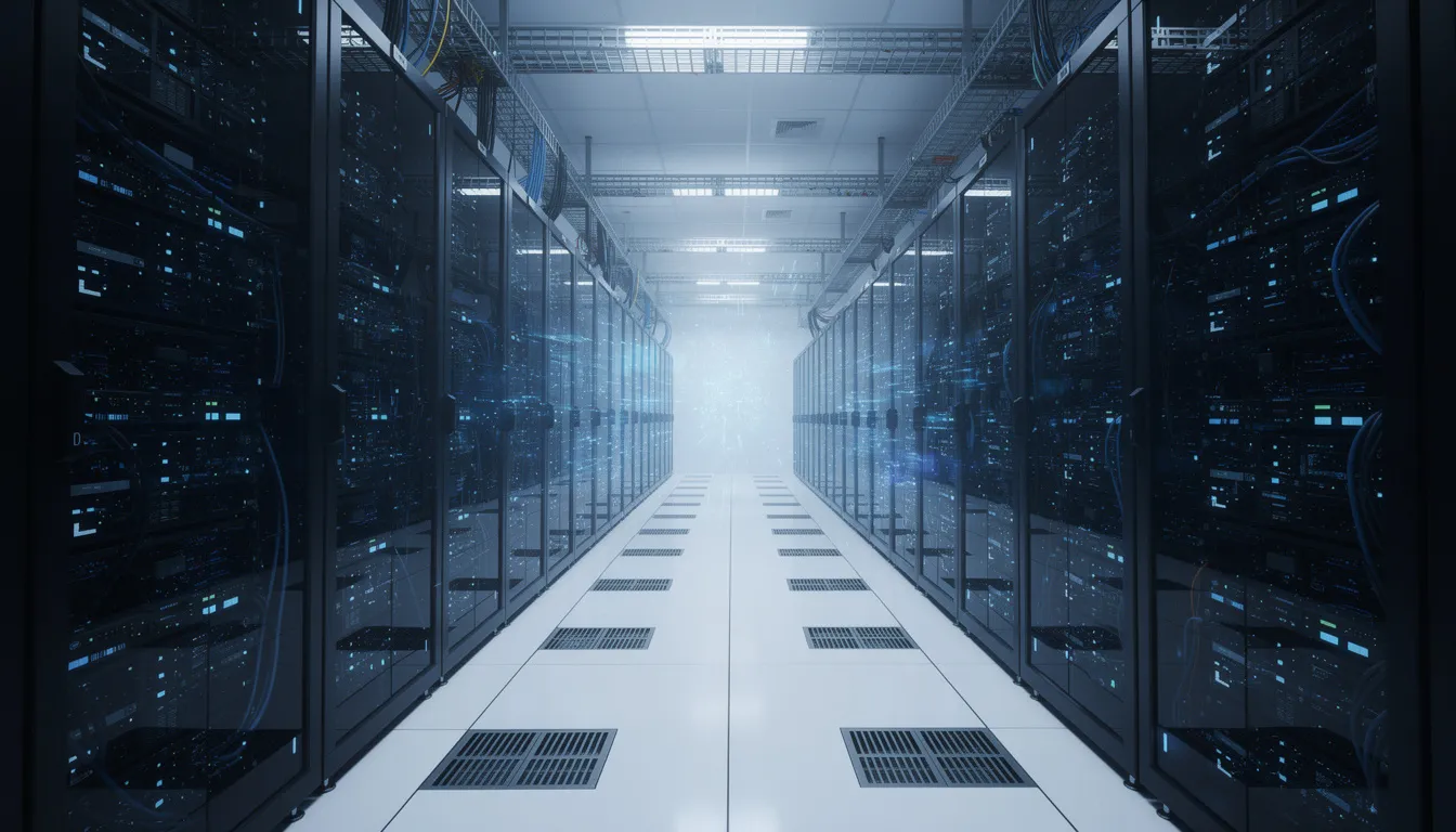 The image depicts a modern data center filled with rows of servers, illuminated by blue lighting, symbolizing enterprise-scale data processing. This high-tech environment is essential for managing large volumes of credit information and supporting the dispute process for credit reporting companies.