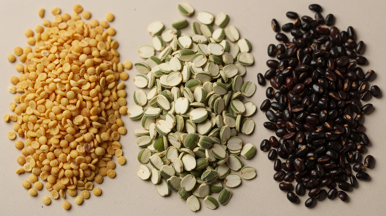 The image shows a close-up view of various dried pulses, including chana, toor, moong, and urad, arranged in separate piles, highlighting the diversity of these legumes often processed in a dal mill. This visual representation emphasizes the different types of pulses that can be found in a dal processing plant, showcasing their distinct colors and textures.