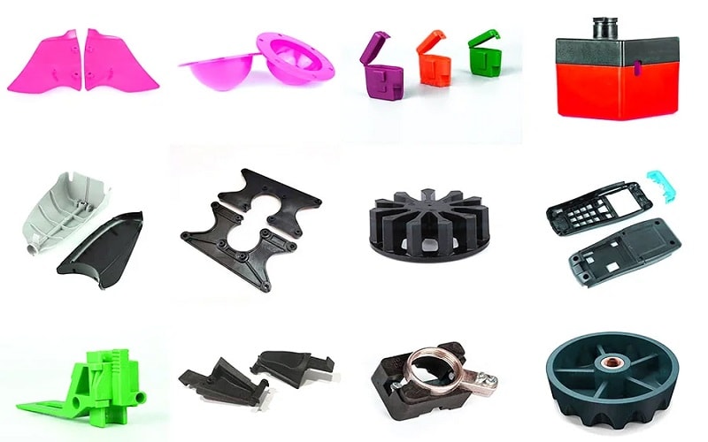 A collage of various applications of ABS injection molded parts in different industries.