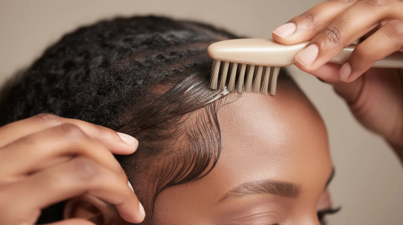 A pair of hands is skillfully applying edge control to baby hairs using a soft-bristle edge brush, ensuring smooth edges and a sleek finish. The focus is on achieving a high shine and strong hold for naturally curly hair.