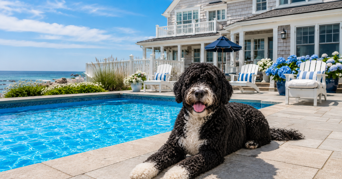 Happy dog relaxing poolside at a luxury Jersey Shore pet friendly vacation rental in New Jersey with ocean views