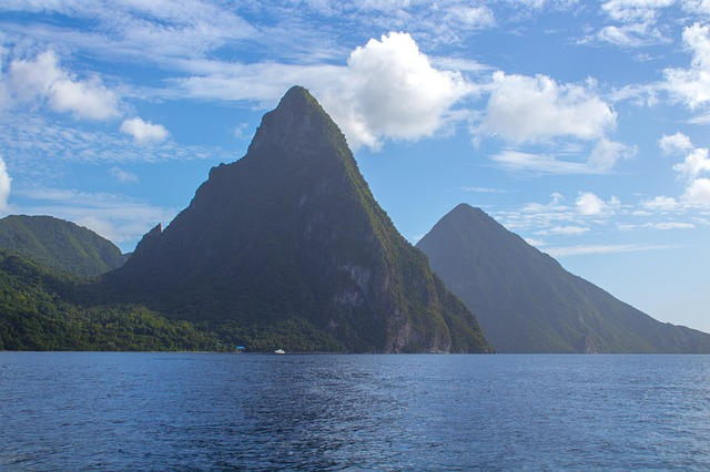 Both St. Lucia Pitons with beautiful blue sky and water view