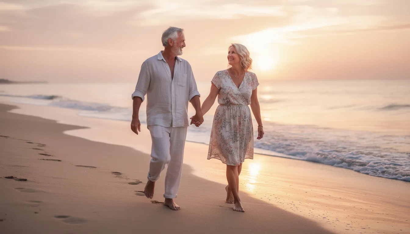 A mature couple strolls hand-in-hand along a serene beach at sunset, enjoying the tranquility of their retirement. The warm hues of the sky reflect their peaceful moment, symbolizing the joy of life after years of dedication to their careers, including their roles as healthcare providers and understanding management services organizations.