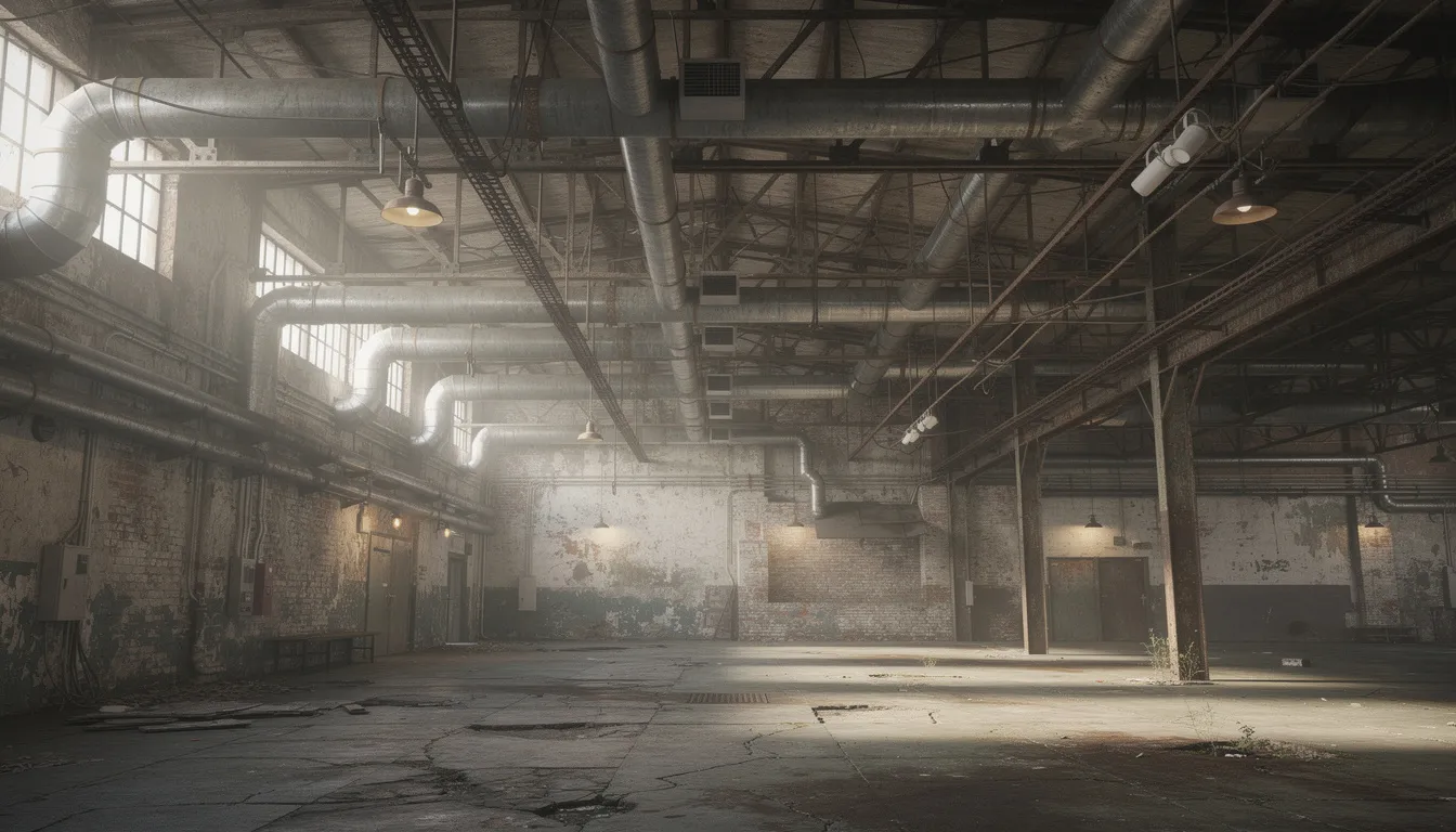 The image depicts the interior of an old industrial building, showcasing exposed pipes and ceiling infrastructure, which may potentially contain hazardous materials such as asbestos. Proper handling and professional asbestos removal are crucial in ensuring safety and compliance with health regulations in both commercial and residential properties.