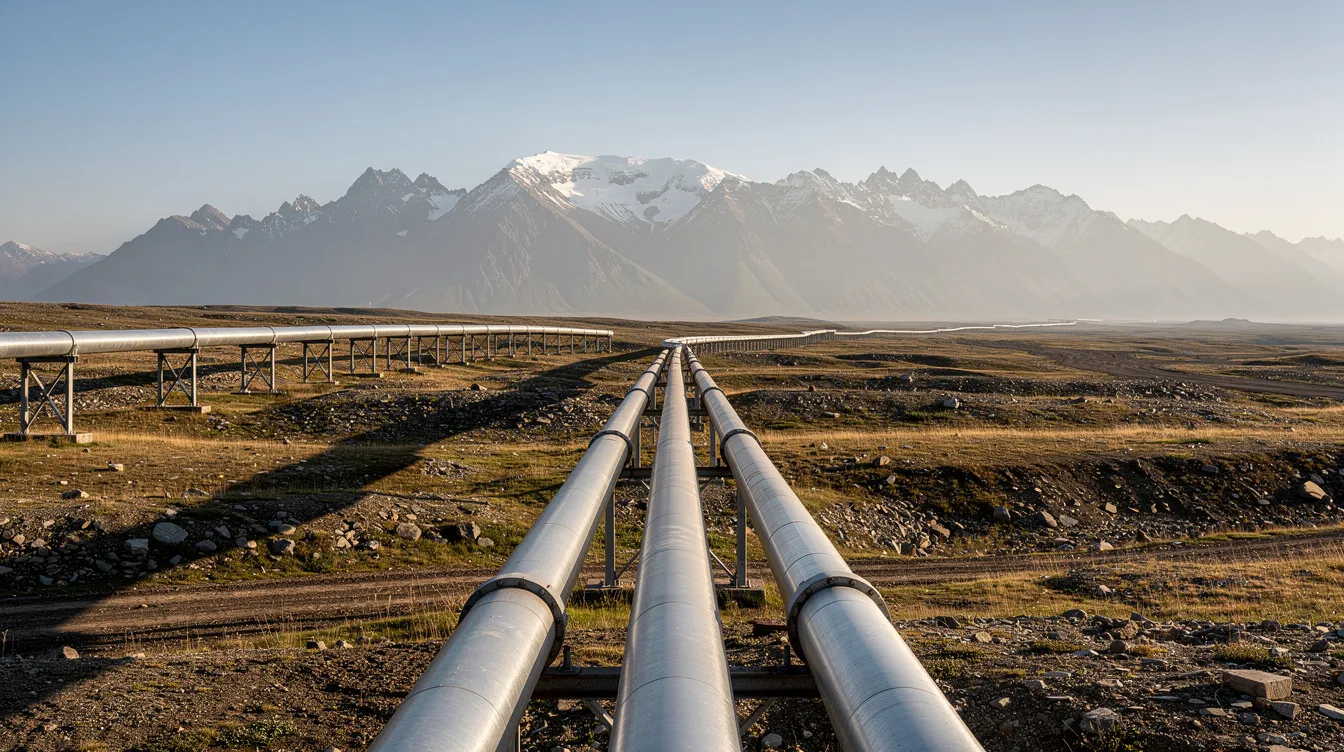 The image depicts an extensive industrial pipeline infrastructure running through open terrain, with majestic mountains in the background, symbolizing the energy industry's commitment to project development and renewable energy solutions. This scene reflects the vital role of energy lawyers and legal counsel in navigating regulatory compliance and supporting energy clients in infrastructure projects.