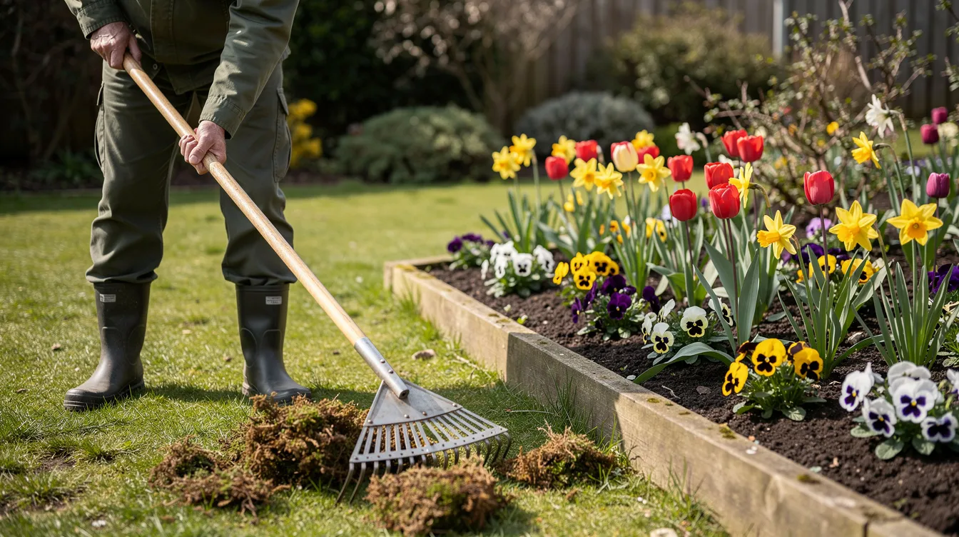 A gardener is raking dead moss from a lush lawn, carefully clearing it away to promote healthy growth beside a vibrant flower border. This lawn care activity helps maintain a healthy lawn by preparing the soil for essential nutrients and encouraging greener grass.