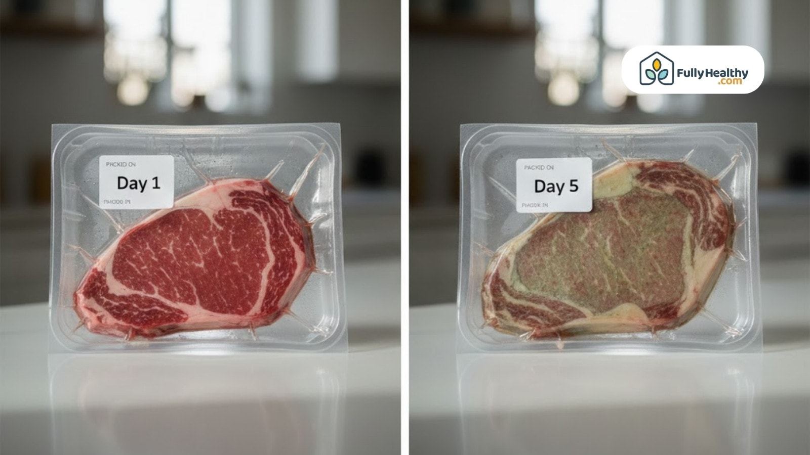 Side by side comparison of fresh and spoiled steak on day one and five