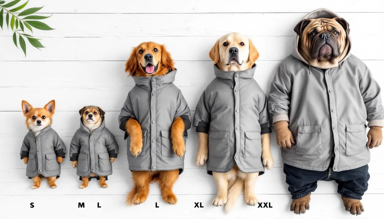 The image displays a size chart comparison for various thunder jackets designed to help calm anxious dogs, showcasing the appropriate fit for different breeds by measuring the dog