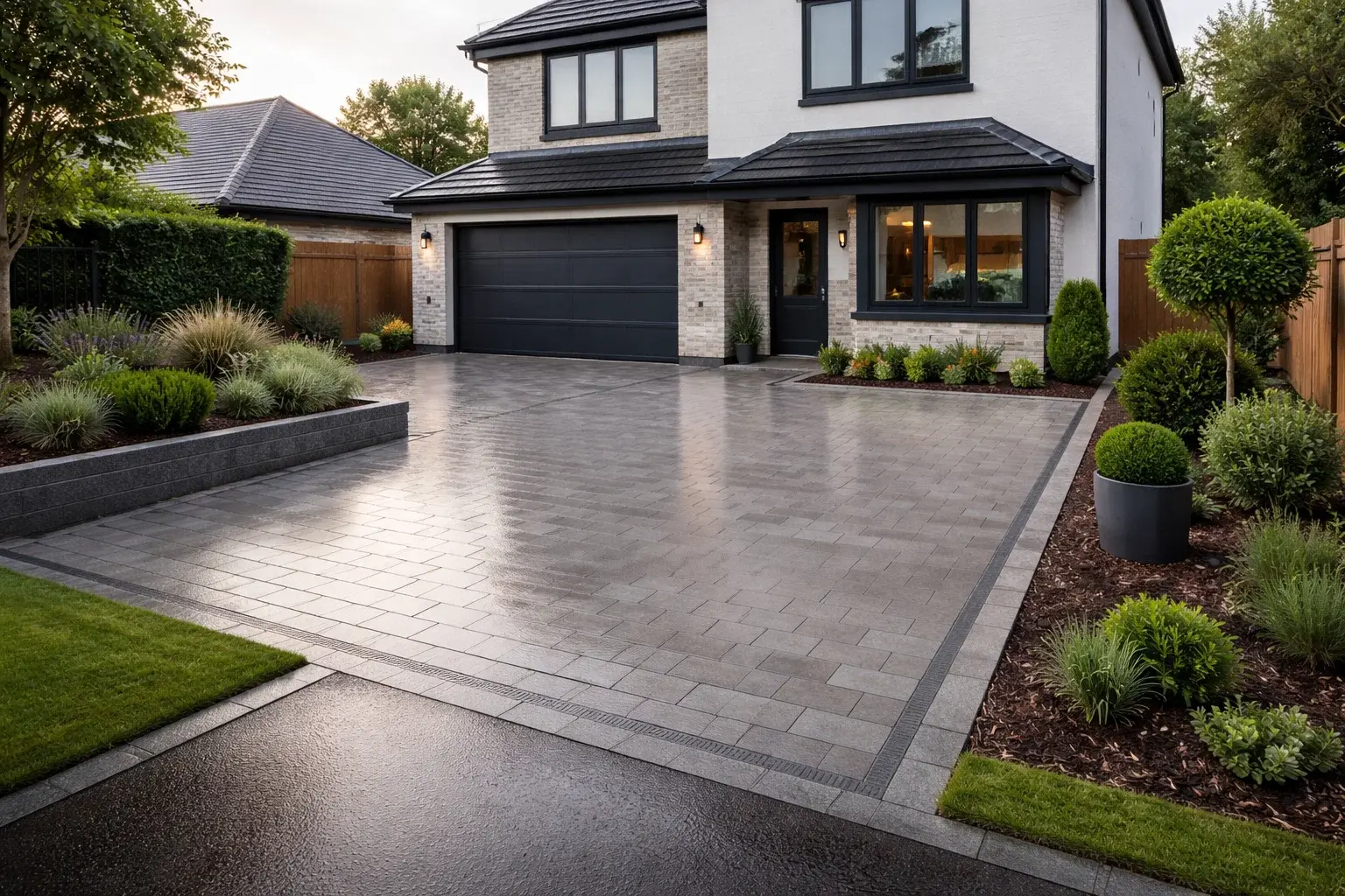 Newly installed driveway outside a modern UK home after rainfall