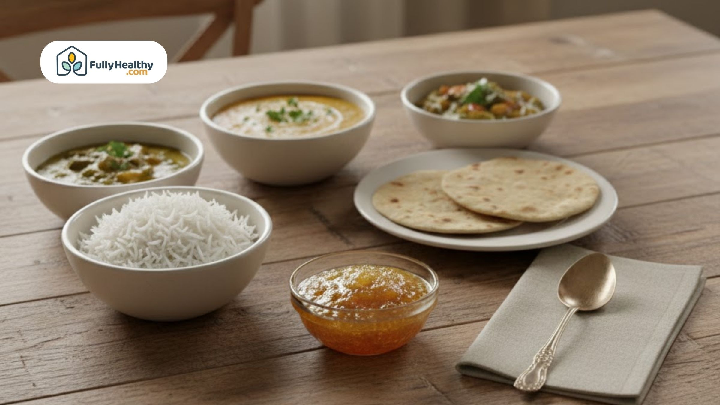 Traditional Indian meal with rice, flatbread, curries, and a small bowl of golden ghee on a wooden table.