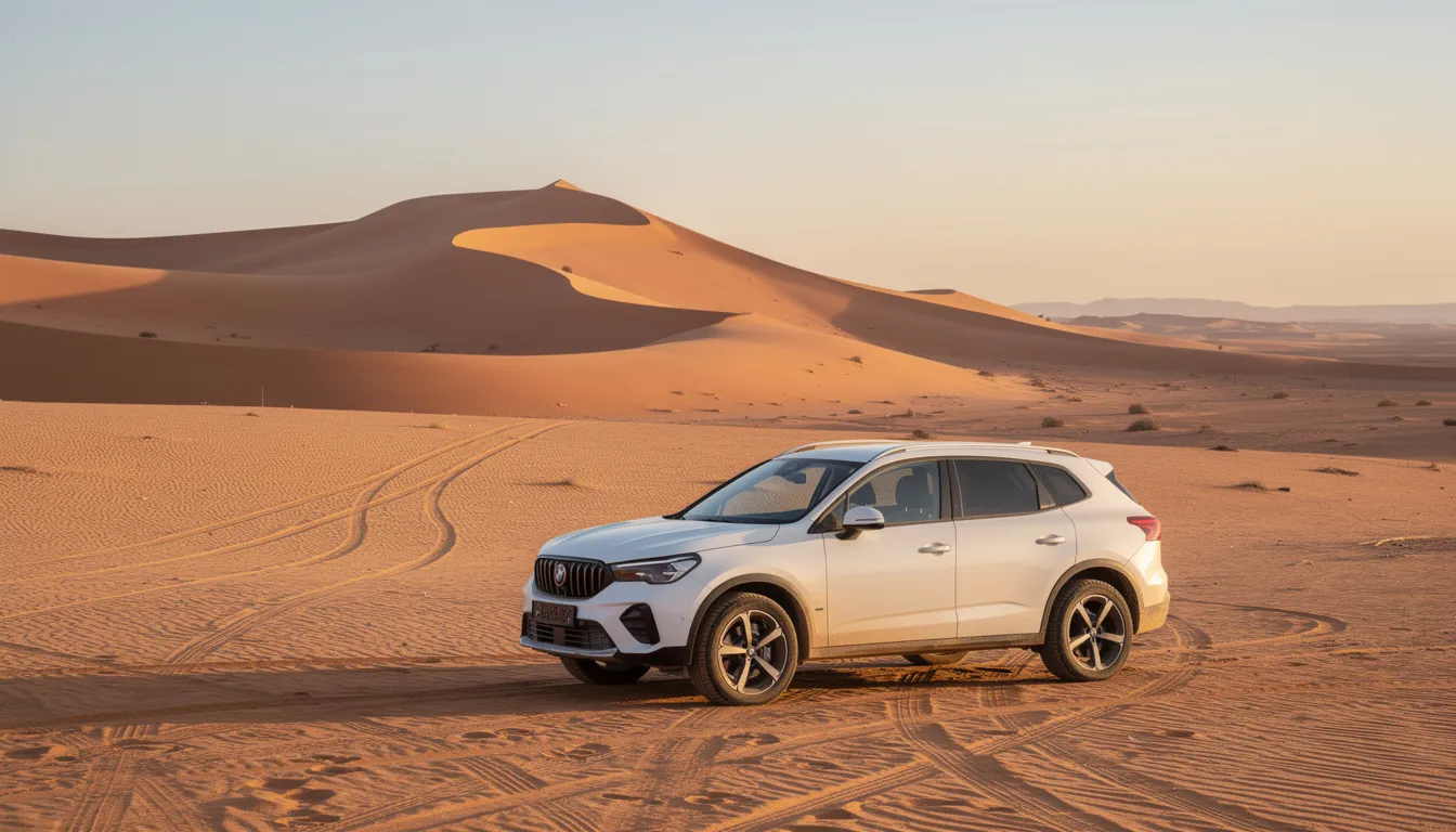 Une SUV blanche est garée dans un paysage désertique marocain, avec des dunes de sable majestueuses en arrière-plan. Cette scène évoque une expérience de location de voiture au Maroc, idéale pour explorer les routes et paysages uniques du pays.