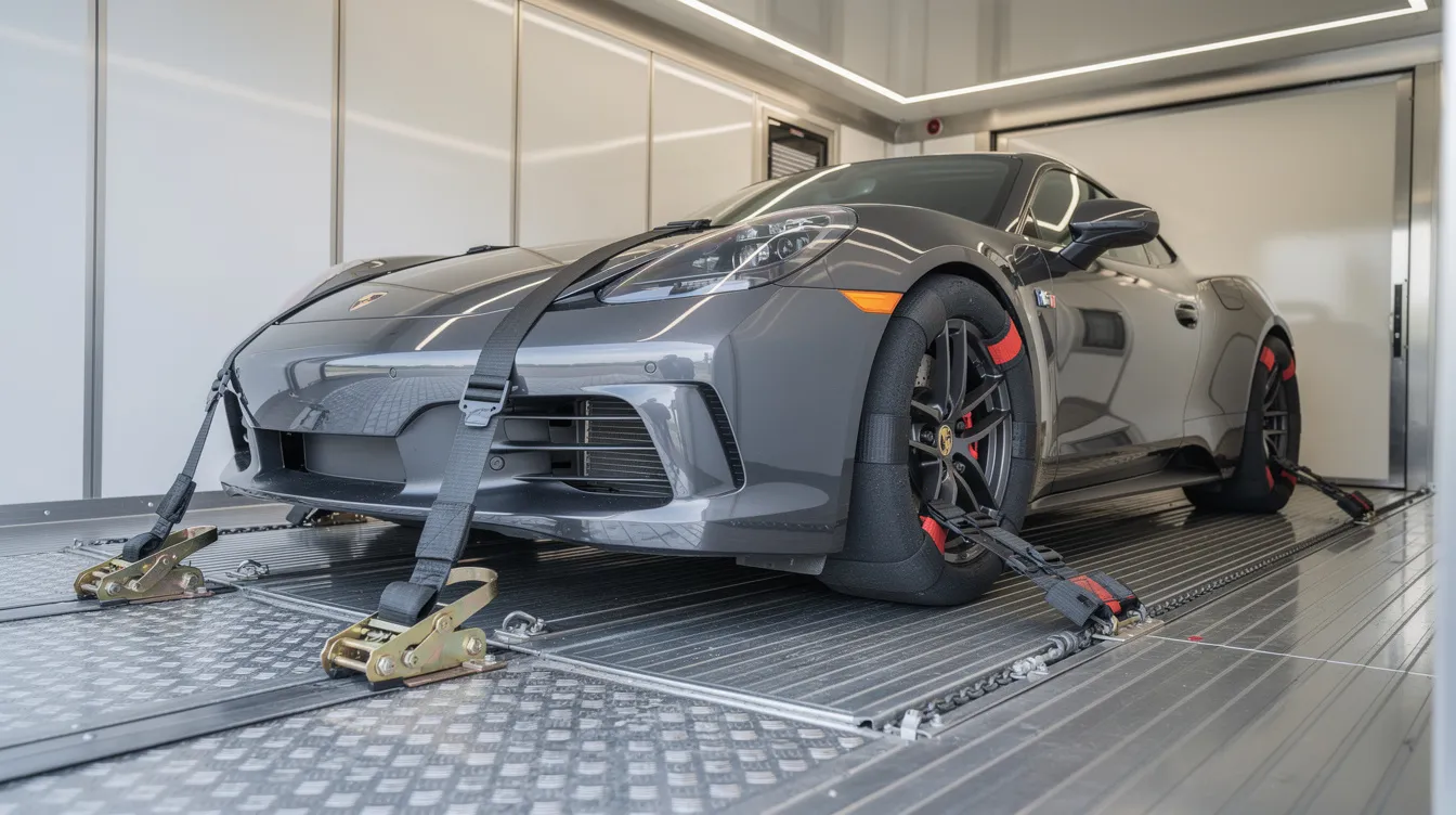 A sports car is securely positioned inside a fully enclosed trailer, with soft nylon straps gently holding its wheels in place for maximum protection during transport. This setup ensures the vehicle is safeguarded from harsh weather conditions and road debris, making it ideal for enclosed car shipping.