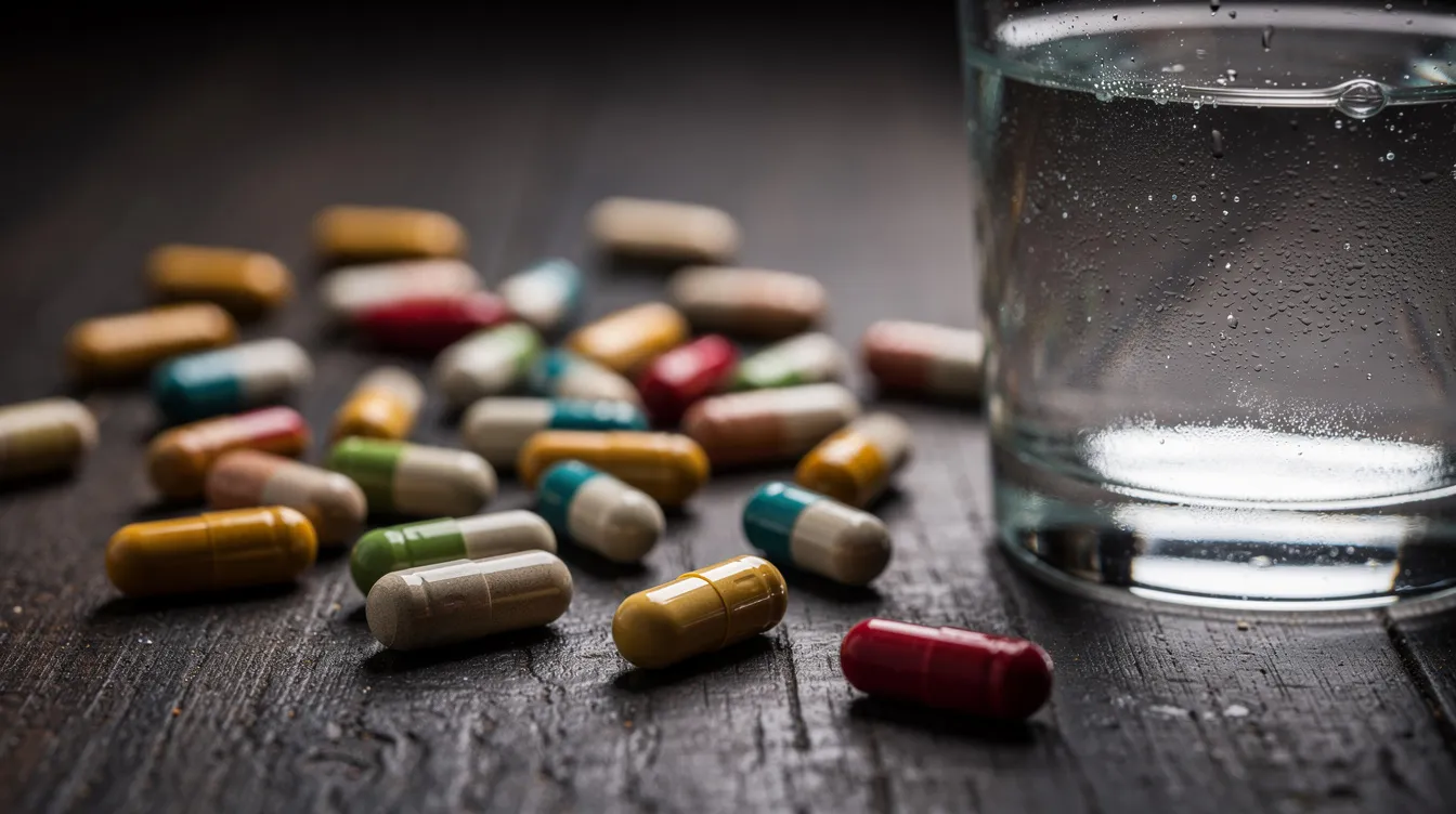 A close-up photograph shows scattered supplement capsules on a dark wooden table, with a glass of water nearby, highlighting products that may boost testosterone levels and improve overall health and performance. The image evokes the idea of a daily health regimen, possibly featuring items like Nugenix Maxx, known for its claims related to testosterone boosters and their benefits.