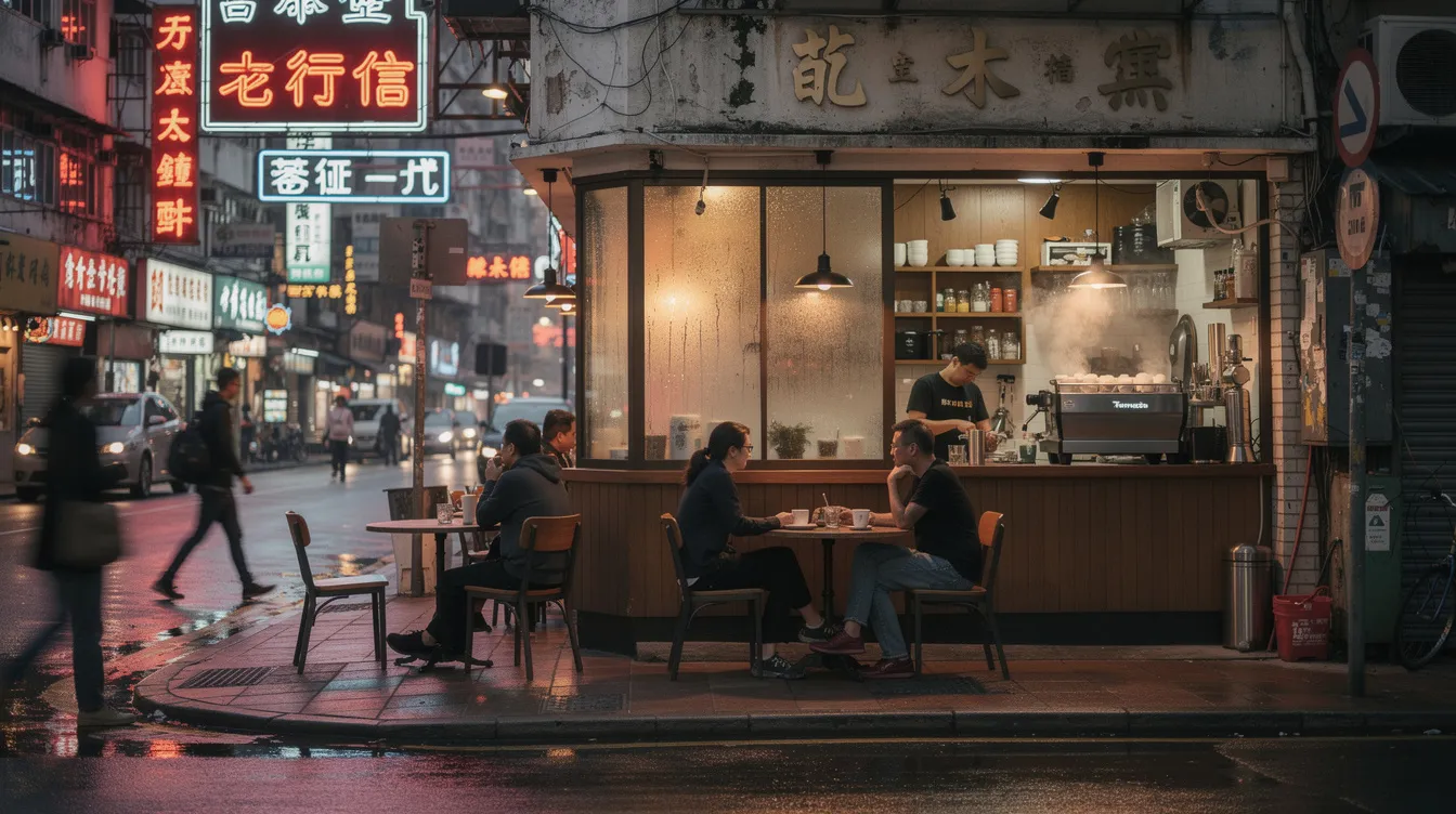 The image depicts a cozy small café bustling with customers inside, located on a busy street in Hong Kong. The warm atmosphere invites patrons to enjoy their time, reflecting the charm of local businesses, which are essential for 中小企業 貸款 and community engagement.