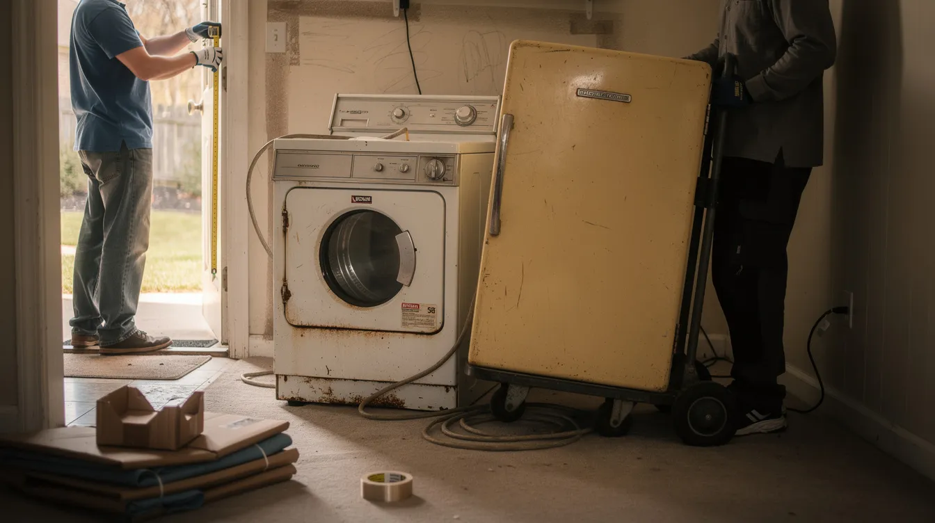 An old washing machine and refrigerator are being prepared for removal from a home, highlighting the process of junk removal for unwanted items. The scene reflects an efficient and stress-free service, aimed at helping homeowners clear out excess junk and reclaim their space.