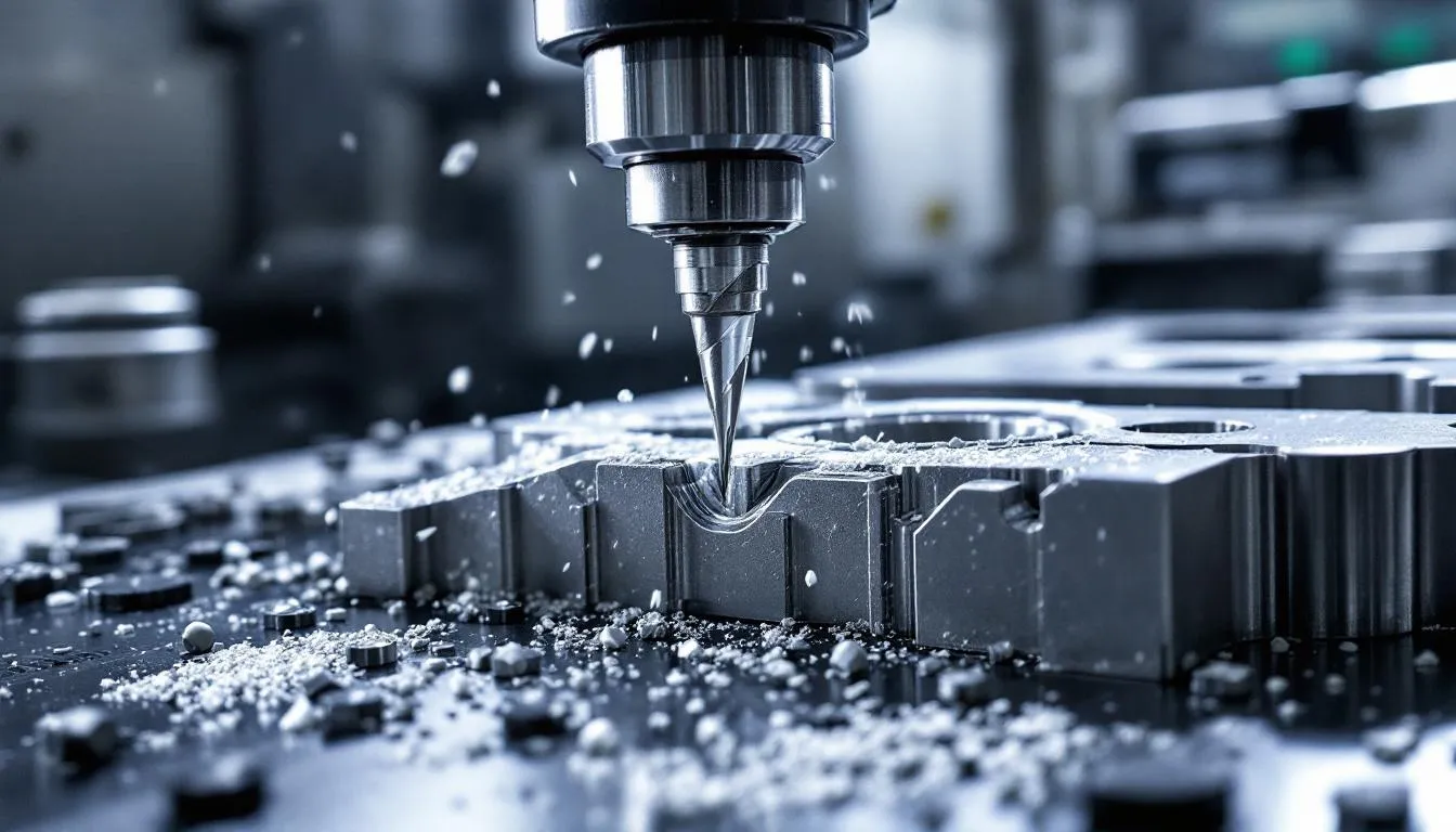 A close-up view showcases a cutting tool in action, creating a precise surface finish on a complex geometry, highlighting the advanced capabilities of a CNC machine with five axes. The intricate details of the machining process illustrate the high precision and optimal angles achieved through 5 axis CNC machining.