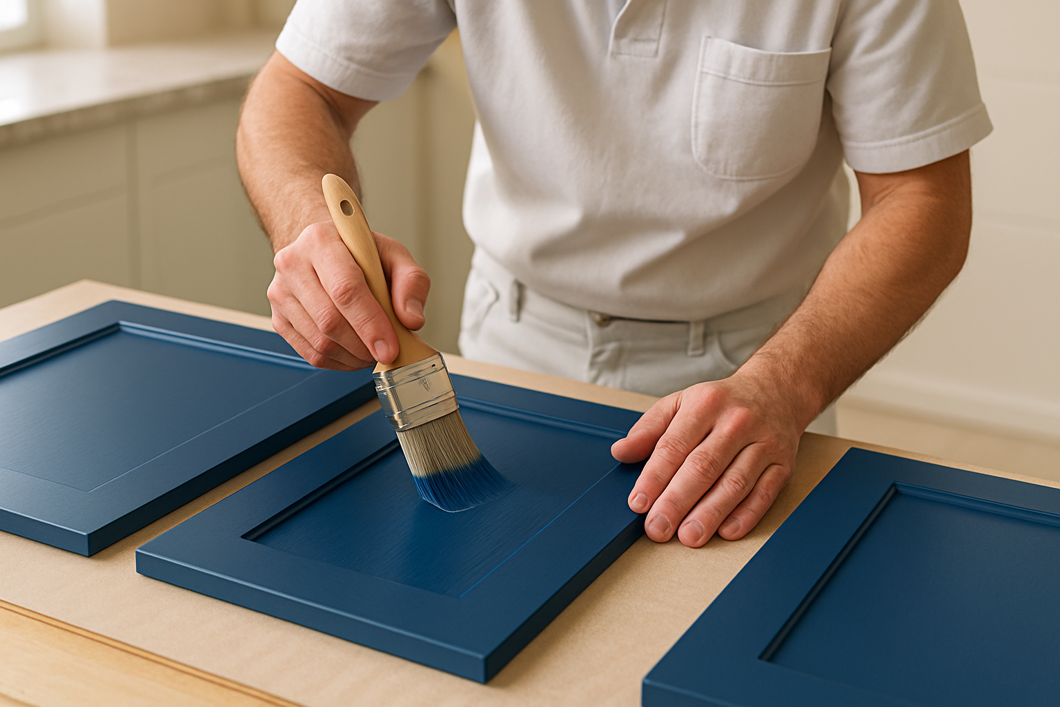 A professional painter is applying a blue paint to flat panel kitchen cabinet doors with a brush, showcasing the timeless appeal of blue kitchen cabinets.