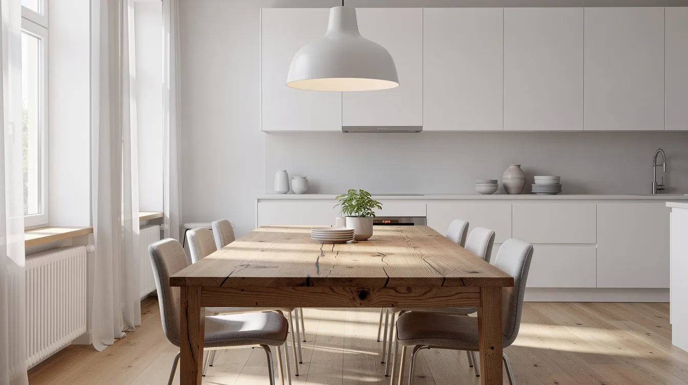 En klassisk pendellampa i vitt hänger elegant över ett trämatbord i ett ljust skandinaviskt kök, vilket skapar en varm och inbjudande atmosfär. Denna designklassiker bidrar till rummet med sin tidlösa stil och funktionalitet.