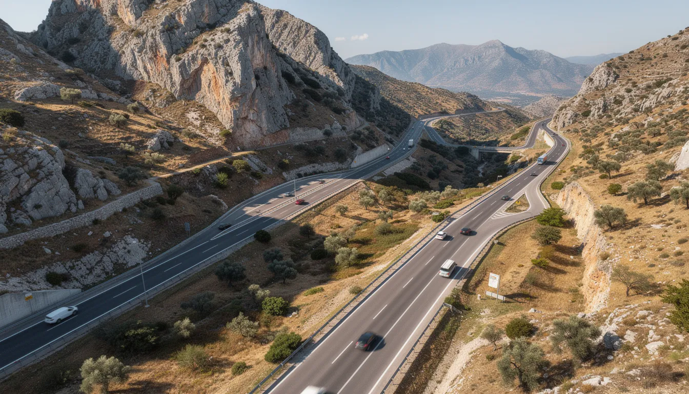 Une vue aérienne montre une autoroute grecque serpentant à travers un paysage montagneux verdoyant, offrant un aperçu des routes pittoresques idéales pour les voyageurs souhaitant louer une voiture en Grèce. Les montagnes majestueuses et la route bien tracée évoquent une sensation de liberté et d'aventure.