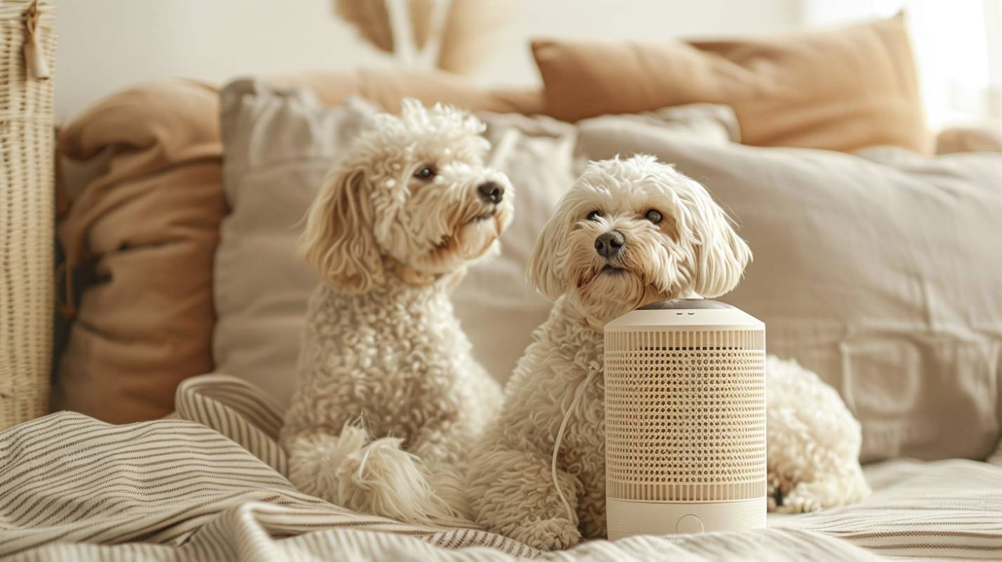 Two fluffy dogs are comfortably sitting on a bed next to an air purifier, highlighting the message to Use an Air Purifier for Dog