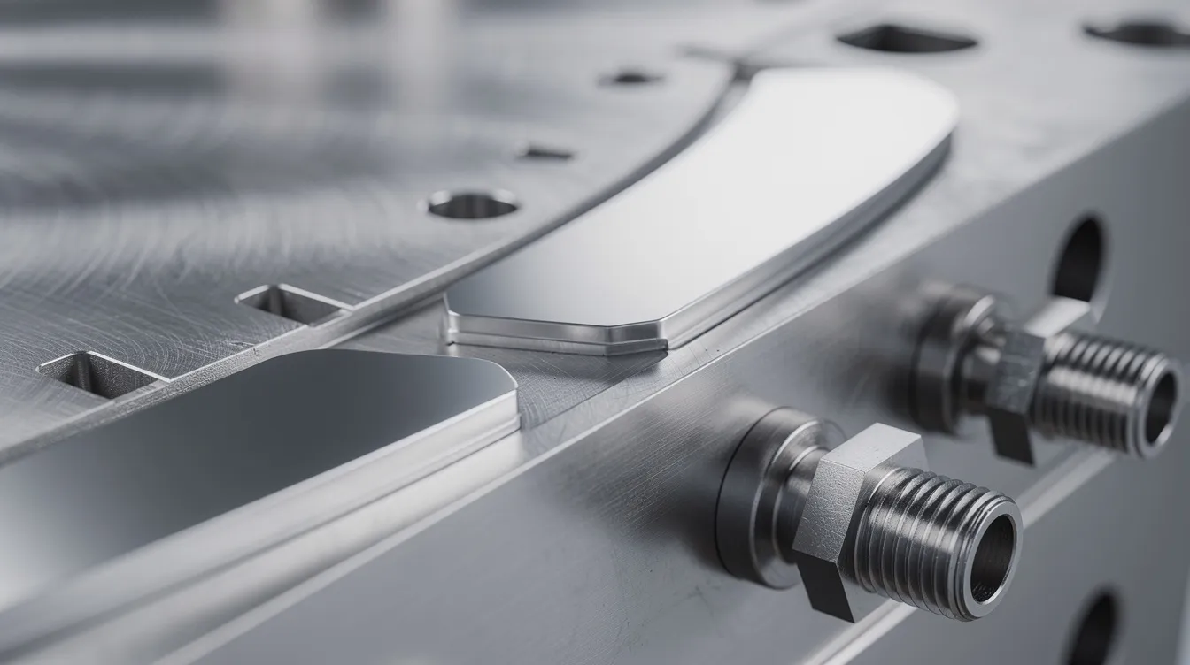 The image depicts a close-up view of a precision steel die surface, highlighting the polished shut-off lands and cooling line connections essential in the die casting process. This detailed examination emphasizes the importance of surface quality and proper venting to ensure optimal metal flow and minimize common die casting defects.