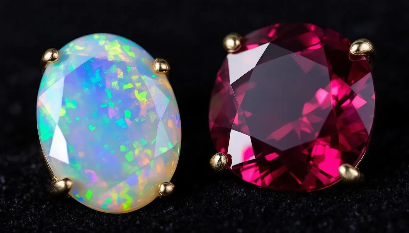 The image showcases the vibrant October birthstones, opal and tourmaline, displayed together in an elegant arrangement. The opal features a mesmerizing play of colors, while the tourmaline exhibits a rich spectrum of hues, symbolizing the beauty and significance of birthstone jewellery for those born in October.