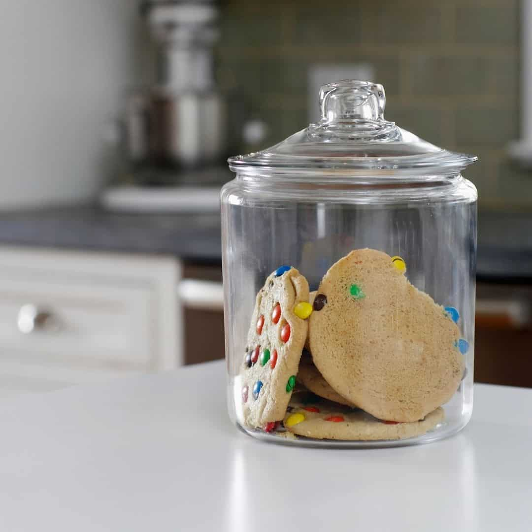 cookie jar filled with M&M cookies