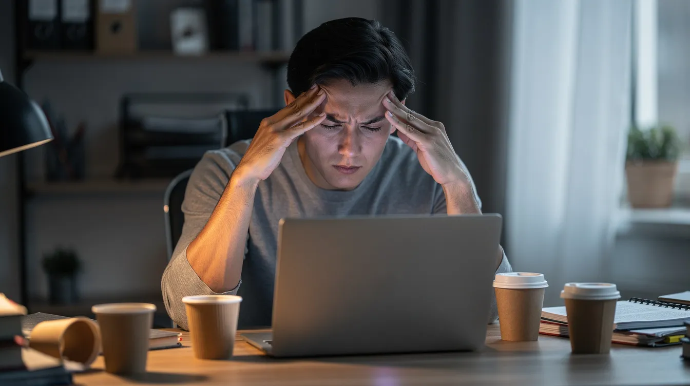 An exhausted individual sits at a desk, rubbing their temples in front of a laptop and several coffee cups, reflecting the emotional exhaustion often associated with executive burnout. This image captures the struggle of managing stress and the constant pressure faced by high achievers in their careers, highlighting the need for emotional support and balance in personal life.