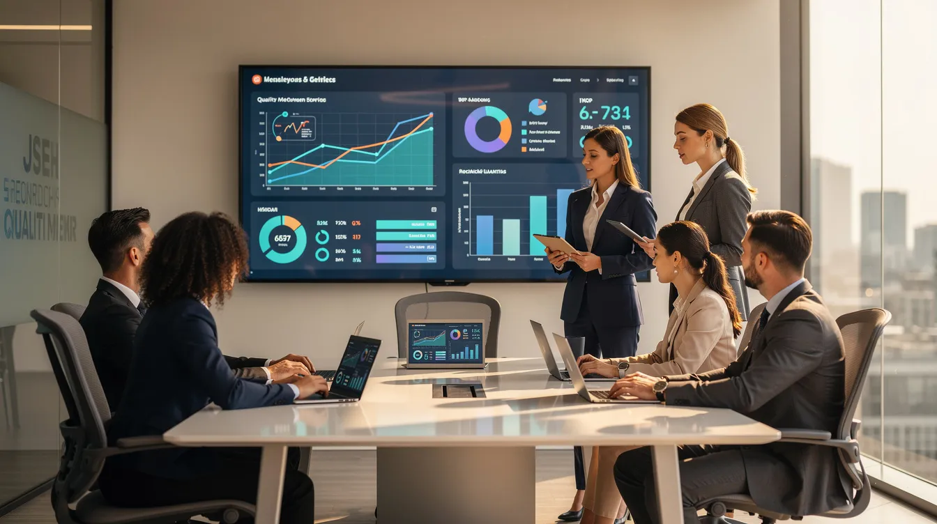 A diverse business team is gathered in a modern office, intently reviewing data dashboards and quality metrics displayed on a large screen, highlighting their focus on real-time collaboration and effective project management. This scene underscores the importance of utilizing nearshore staffing solutions to enhance technical skills and optimize cost efficiency in software development.