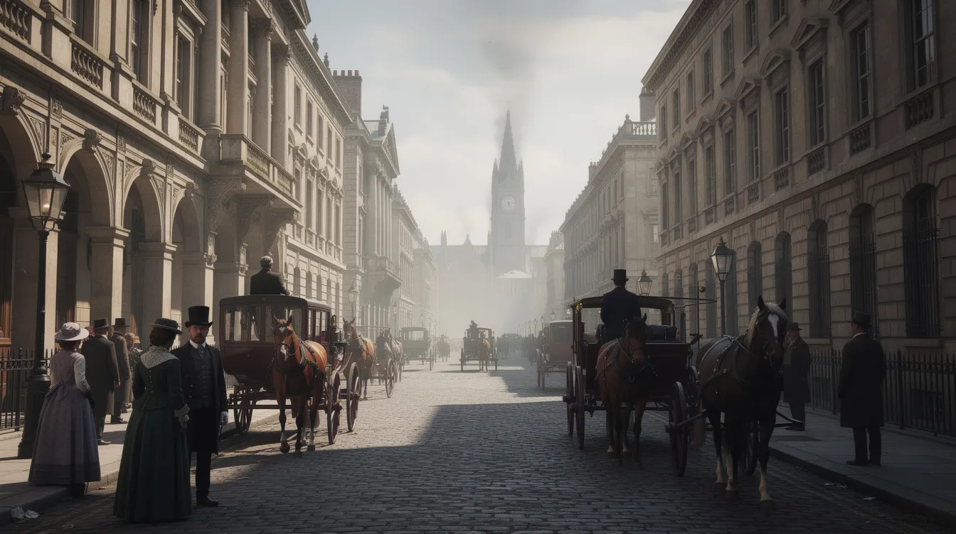 Na obrazie przedstawiono miasto europejskie z XIX wieku, pełne klasycznej architektury i konnych powoz&oacute;w. Scena odzwierciedla atmosferę Europy po kongresie wiedeńskim, z eleganckimi budynkami i ulicami tętniącymi życiem.