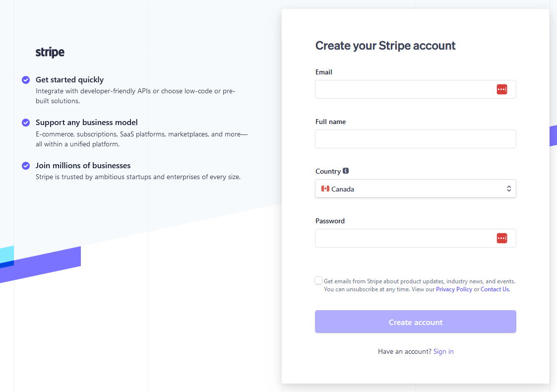 A screenshot of Stripe's sign-up page.