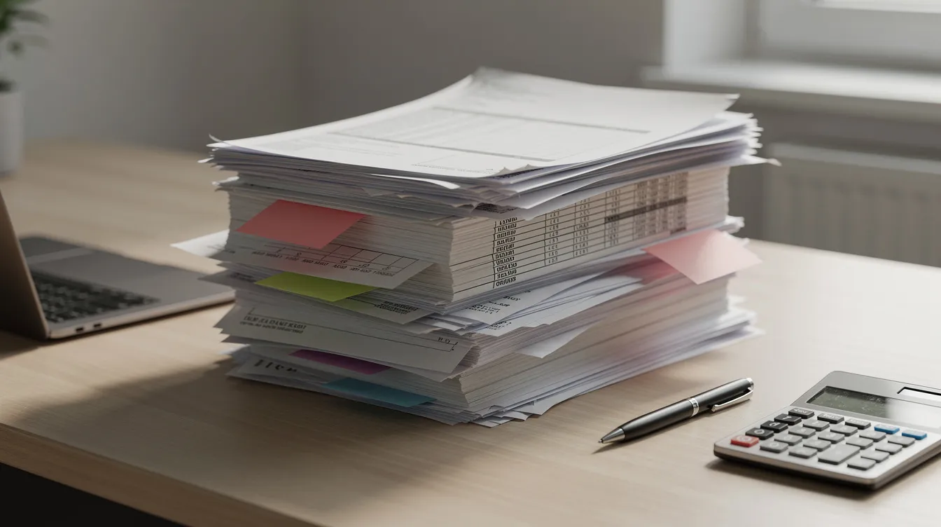 The image shows a stack of business documents and bank statements neatly arranged on a desk, indicating the financial records that self-employed individuals may need for loan applications. This includes income proof and bank statements, which are essential for freelancers applying for loans or managing their cash flow.